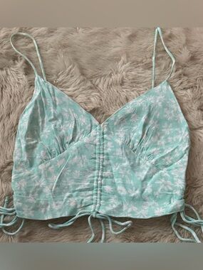 Floral Ruched Spaghetti Strap Crop Top in Light Aqua - Sky To Moon
